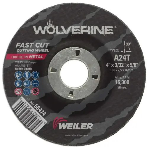 Weiler - 4" X 3/32" Wolverine Type 27 Cutting Wheel, A24t 5/8" A.H. 1