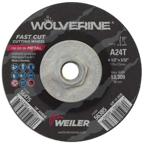 Weiler - 4-1/2" X 3/32" Wolverine Type 27 Cutting Wheel, A24t, 5/8"-11 Nut 1