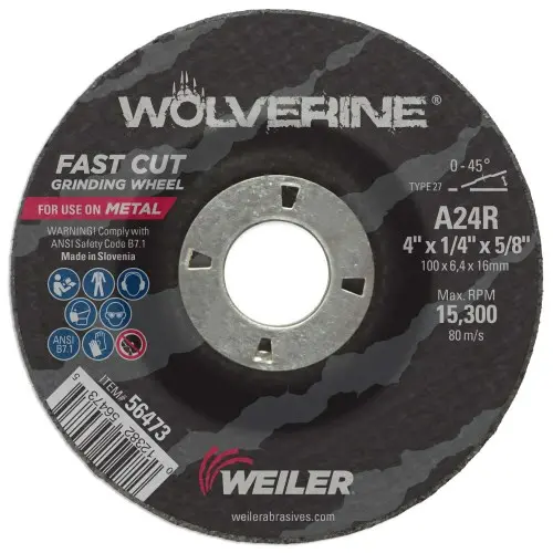 Weiler - 4" X 1/4" Wolverine Type 27 Grinding Wheel, A24r, 5/8' A.H. 1