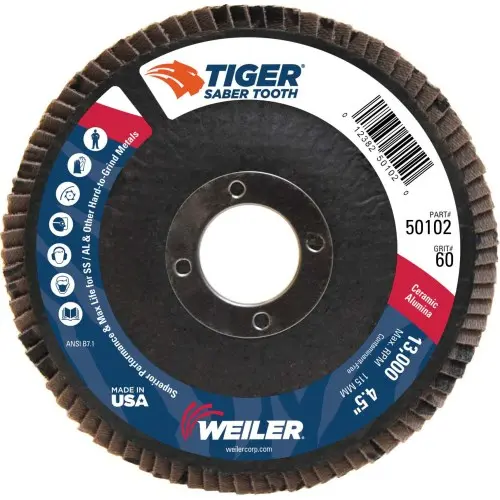 Weiler - 4-1/2" Tiger Ceramic Abrasive Flap Disc, Conical (Ty29), Phenolic Backing, 60C, 7/8" Arbor Hole 1