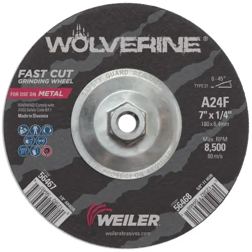 Weiler - 7" X 1/4" Wolverine Type 27 Grinding Wheel, A24r, 5/8"-11 Nut 1