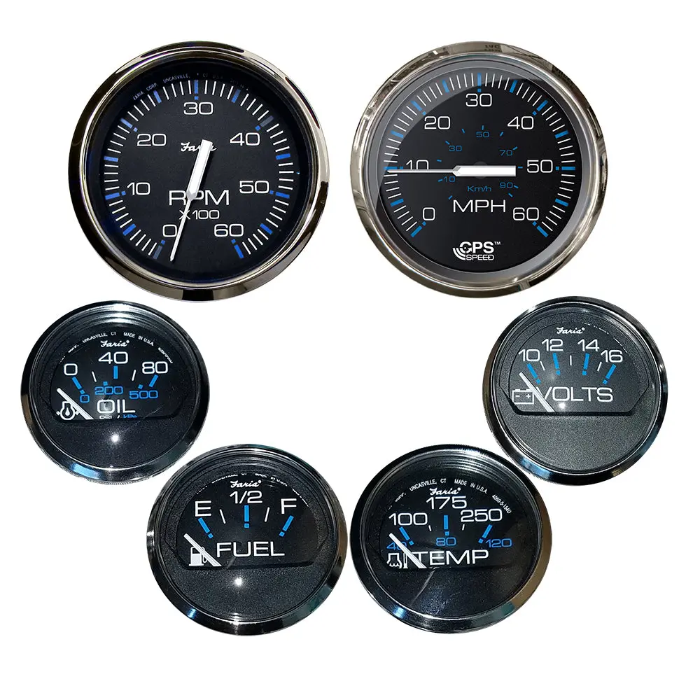 Faria Chesapeake Black W/Stainless Steel Bezel Boxed Set Of 6 - Speed, Tach, Fuel Level, Voltmeter, Water Temperature  Oil Psi - Inboard Motors  [Ktf064] 1