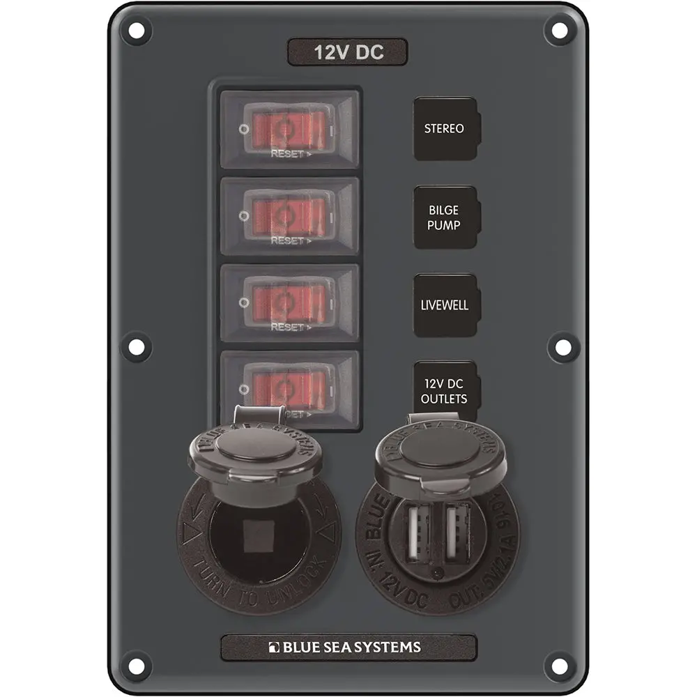 Blue Sea 4321 Circuit Breaker Switch Panel 4 Position - Gray W/12V Socket  Dual Usb [4321] 1