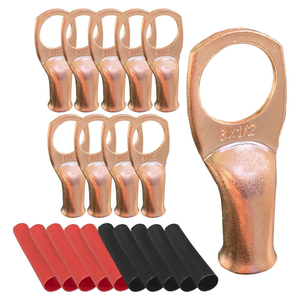 Battery Lugs, Copper Wire Lugs, Heavy Duty Battery Cable Ends, Tubular Ring Terminals, Awg Crimp Wire Ring Lugs, Battery Terminal Connectors With 3:1 Heat Shrink Tubing 11