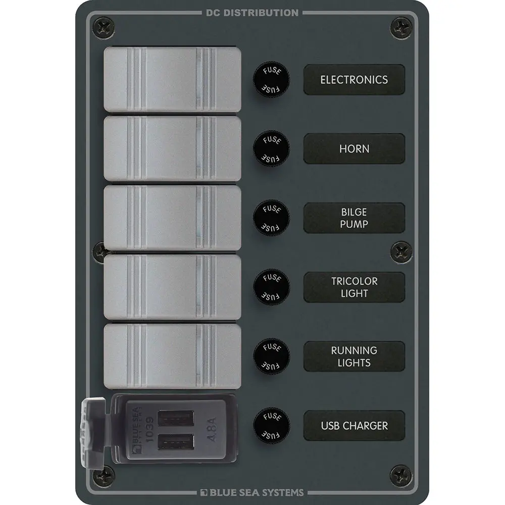 Blue Sea 8121 - 5 Position Contura Switch Panel W/Dual Usb Chargers - 12/24V Dc - Black [8121] 1