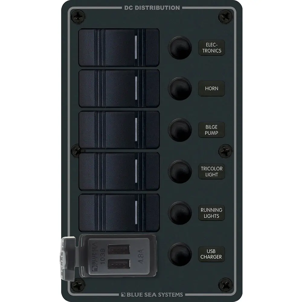Blue Sea 8521 - 5 Position Contura Switch Panel W/Dual Usb Chargers - 12/24V Dc - Black [8521] 1