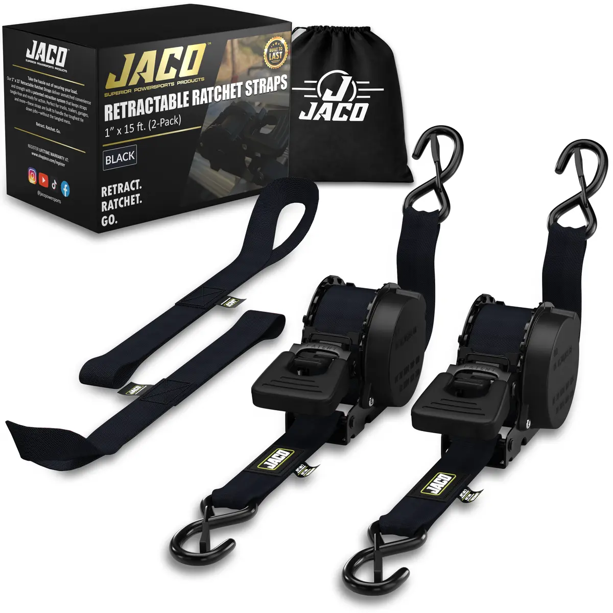 Retractable Ratchet Straps - 1" X 15 Ft (1,760 Lbs Break Strength) | Auto Self Retracting Cargo Tie Down Strap Set 1