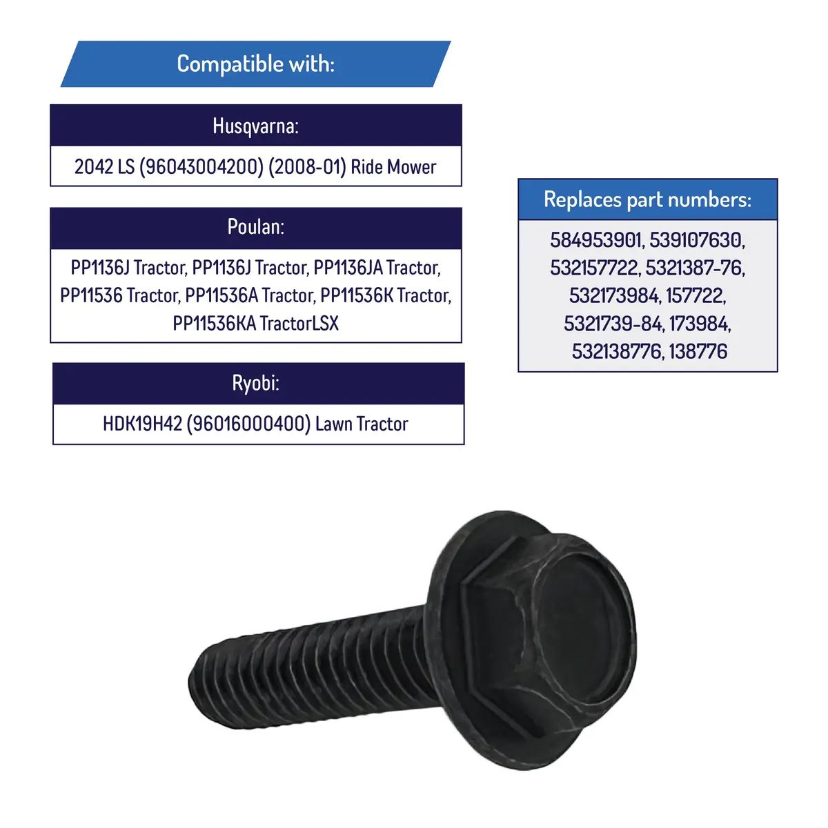 Blade Spindle Hex Head Screw Bolt For Husqvarna, Poulan, Ryobi - 584953901, 539107630 2
