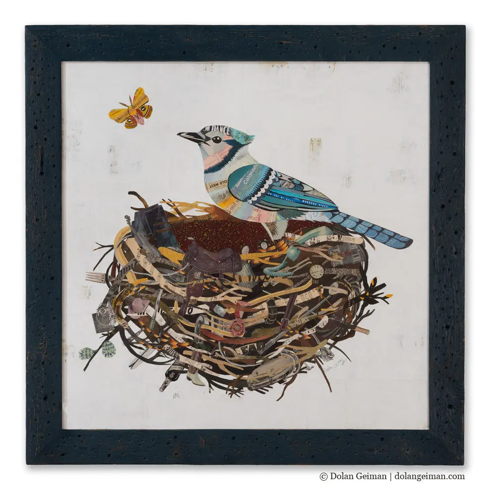 Blue Jay In Nest Original Paper Collage 1