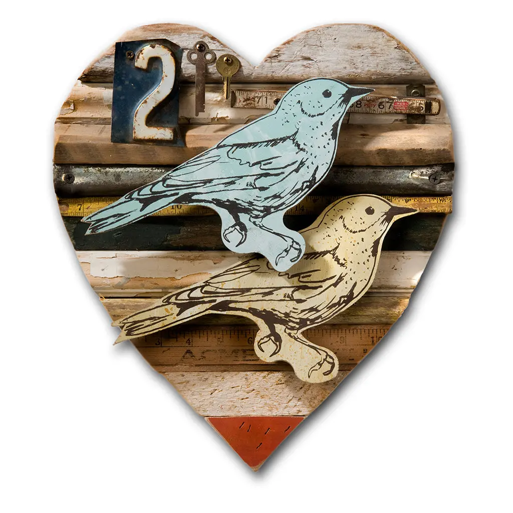 Rescued Wood Construction (Lovebird), Rustic Original Mixed Media Wall Art 1