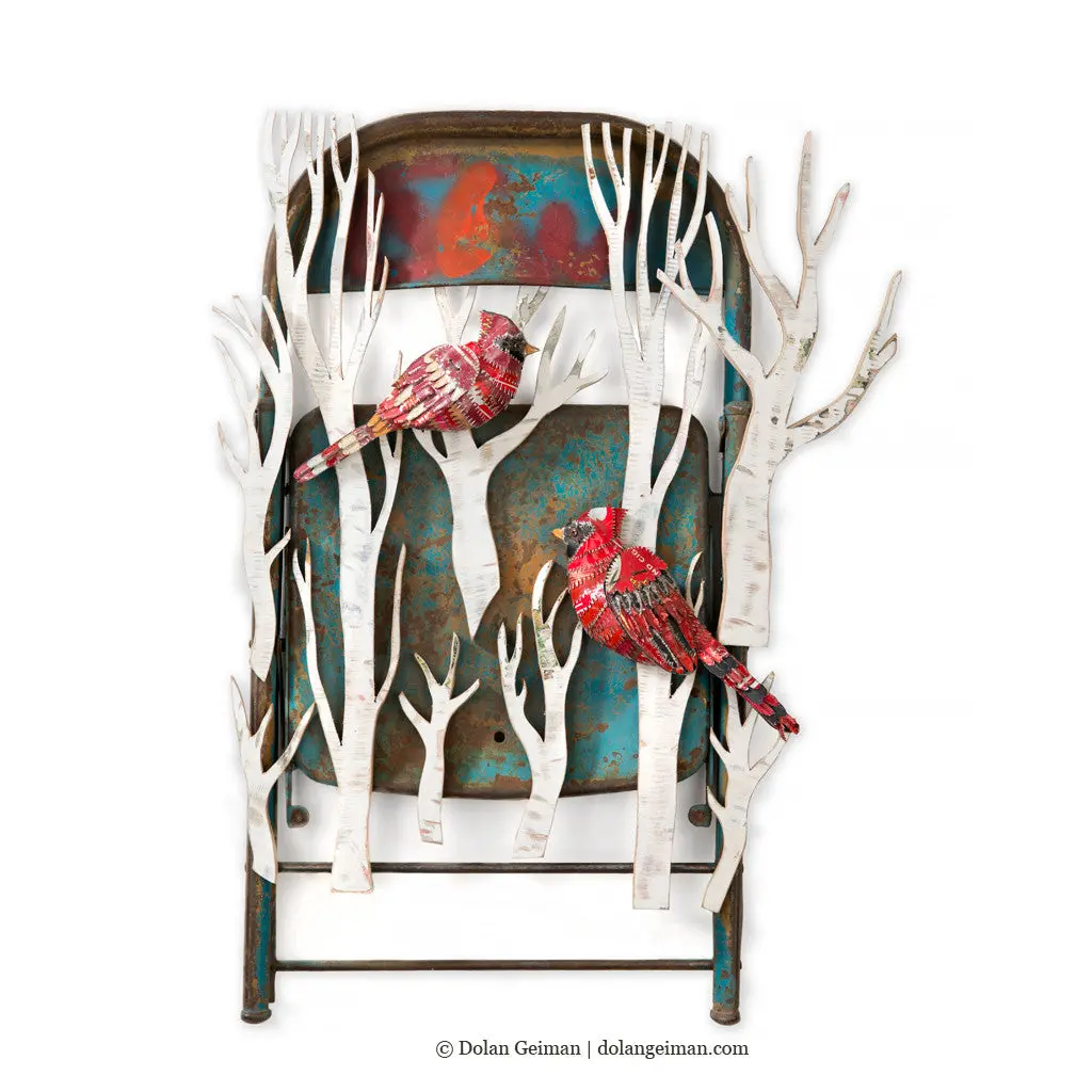Cardinals With Blue Chair Diorama Original Mixed Media Wall Sculpture 1