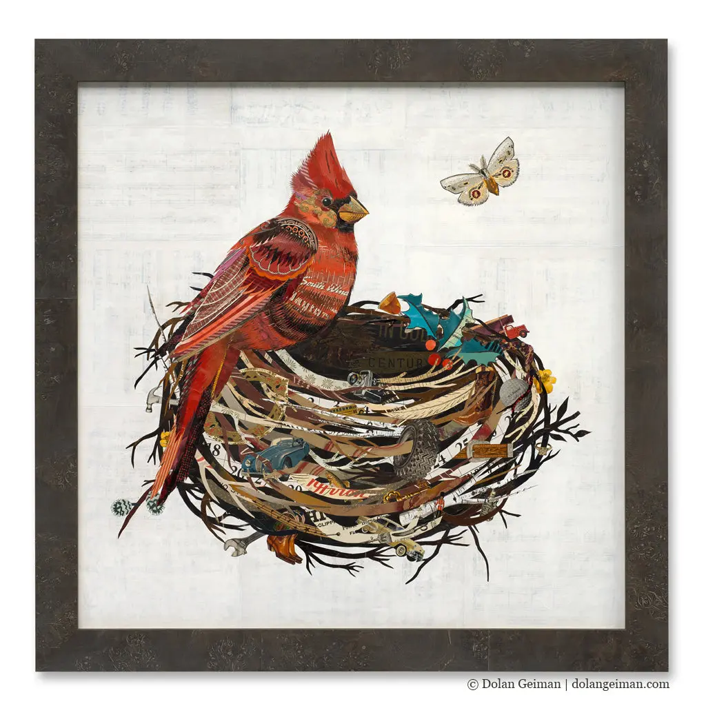 Cardinal In Nest Original Paper Collage 1