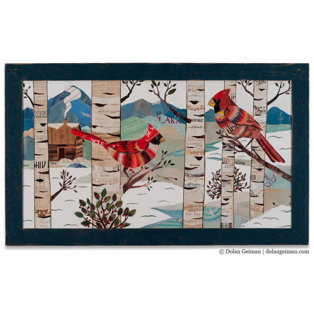 Cardinals In Winter Forest Original Paper Collage 1