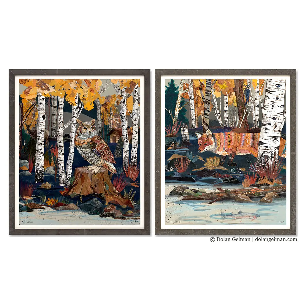 Custom Fox And Owl Diptych  Original Paper Collage 1