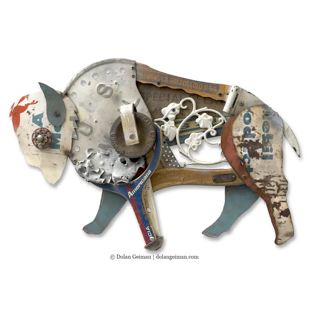 Folk Fauna (White Bison) Original Mixed Media Wall Art 1