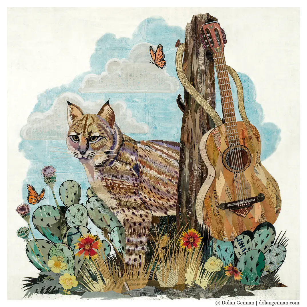 Bobcat With Guitar Original Paper Collage 1