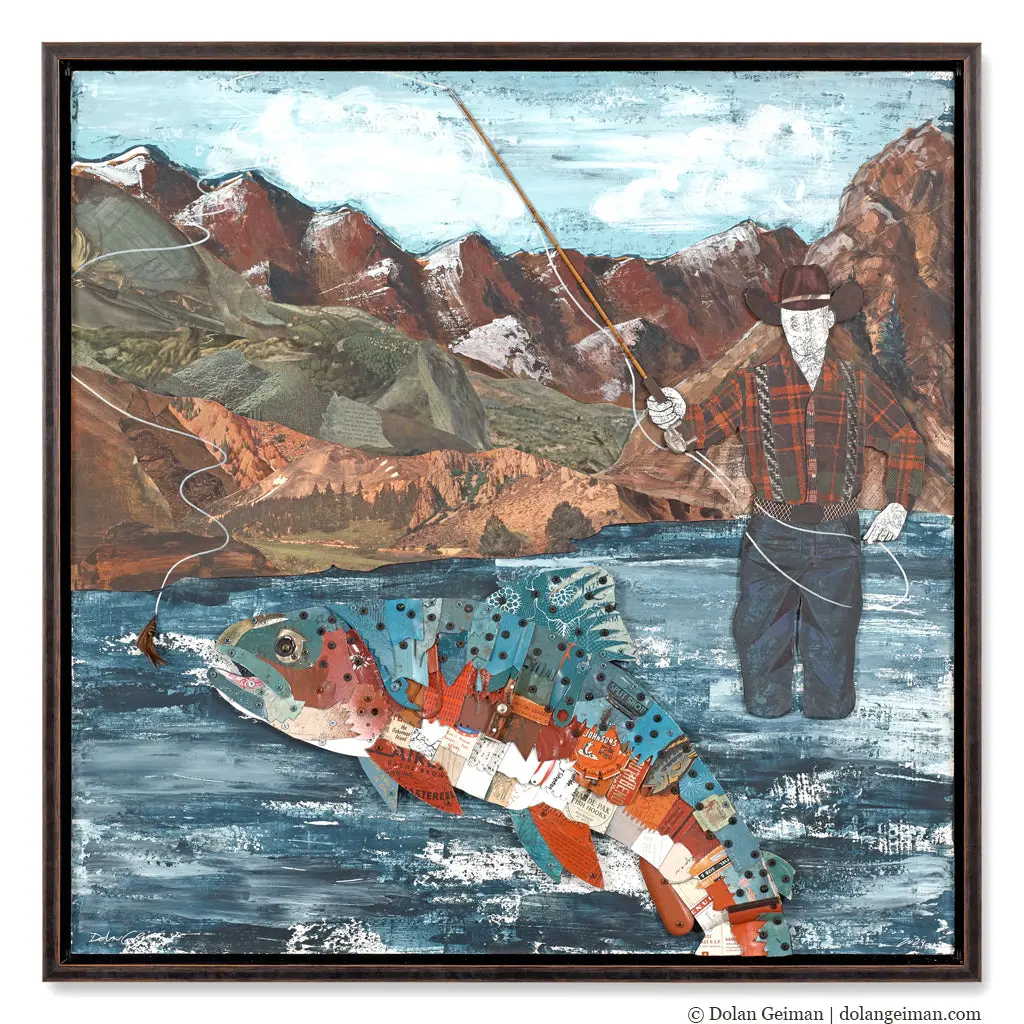 Custom Fisherman In Mountain Stream Original Mixed Media Wall Art 1