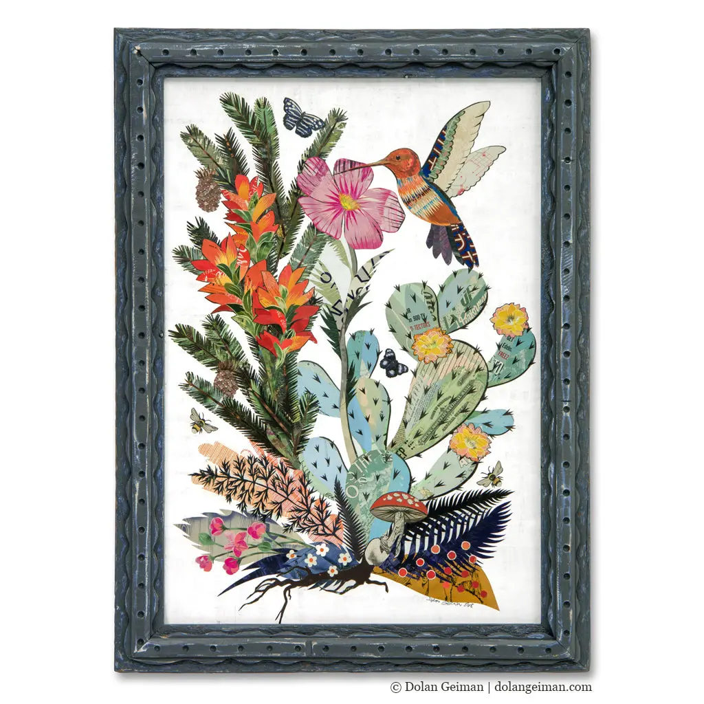 Hummingbird (Cactus) Original Paper Collage 1