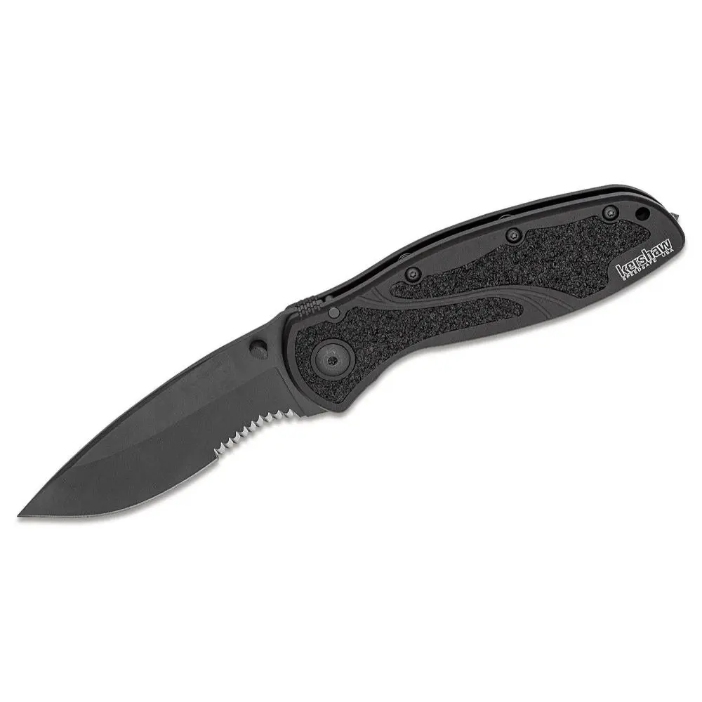 Kershaw - Ken Onion Blur Assisted Folding Knife 3-3/8" Black Combo Blade, Glass Breaker, Black Aluminum Handles 1