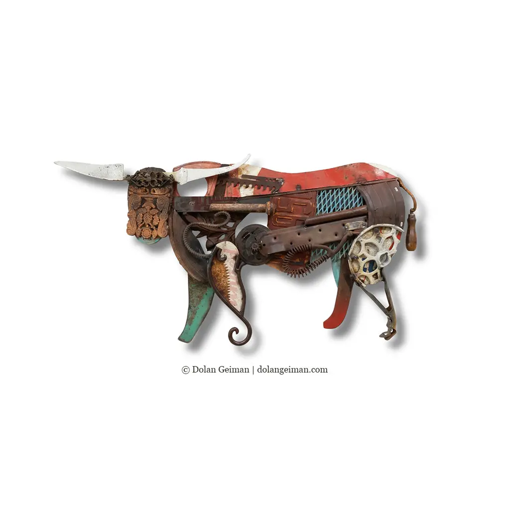 Folk Fauna (Longhorn Rustler) Original Mixed Media Wall Art 1