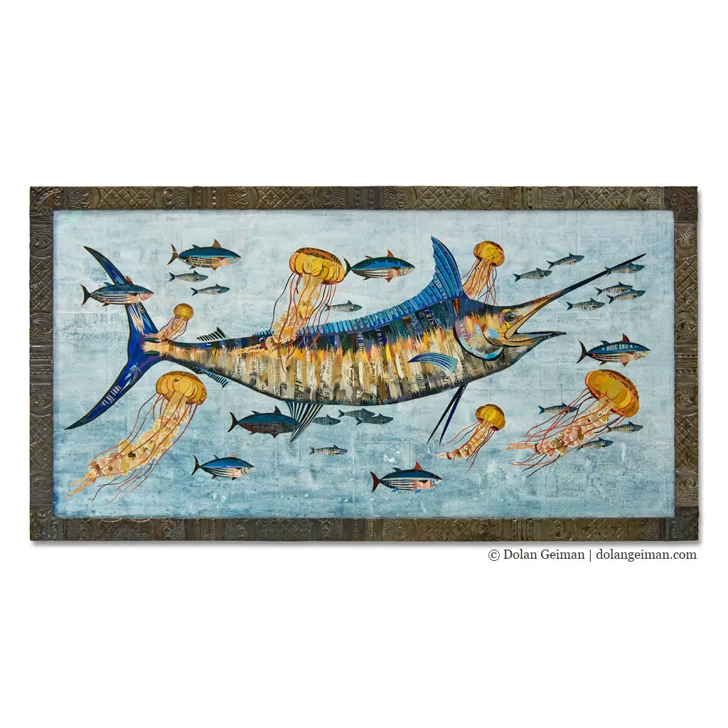 Blue Marlin With Jellyfish Original Paper Collage 1
