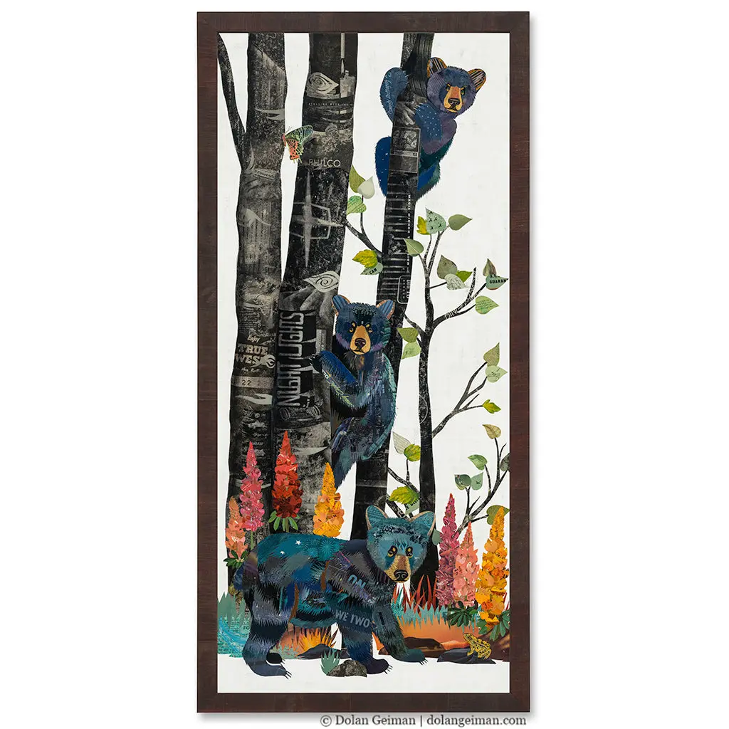 Midnight Forest (Bear Cubs) Original Paper Collage 1