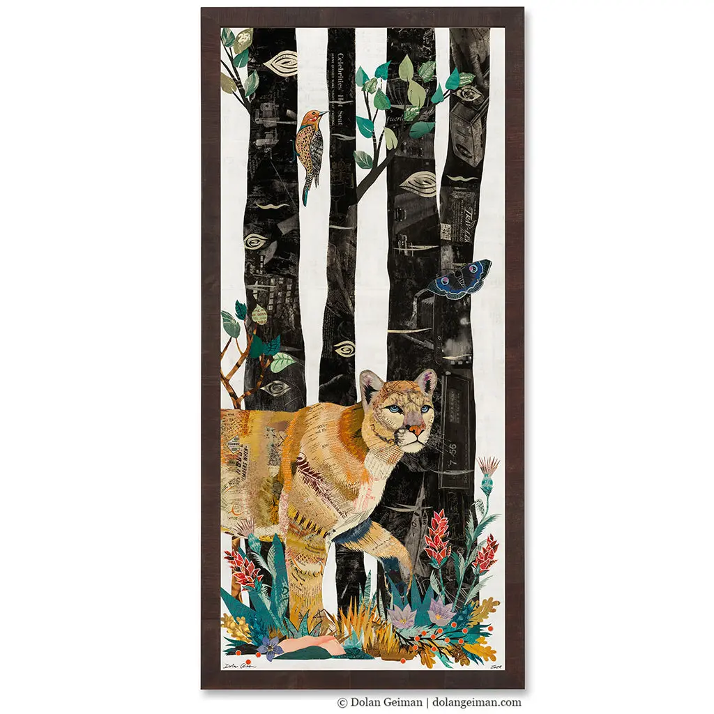 Midnight Forest (Mountain Lion) Original Paper Collage 1