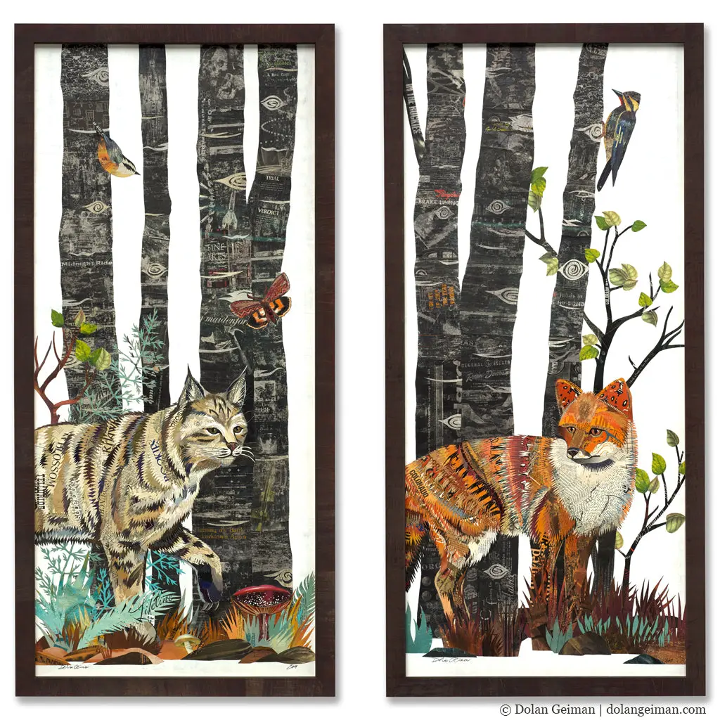 Midnight Forest Fox And Bobcat Diptych Original Paper Collage 1