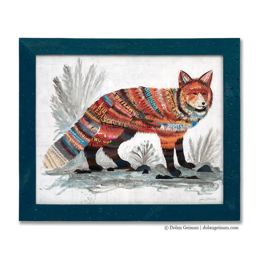 Red Fox In Meadow Original Paper Collage 1