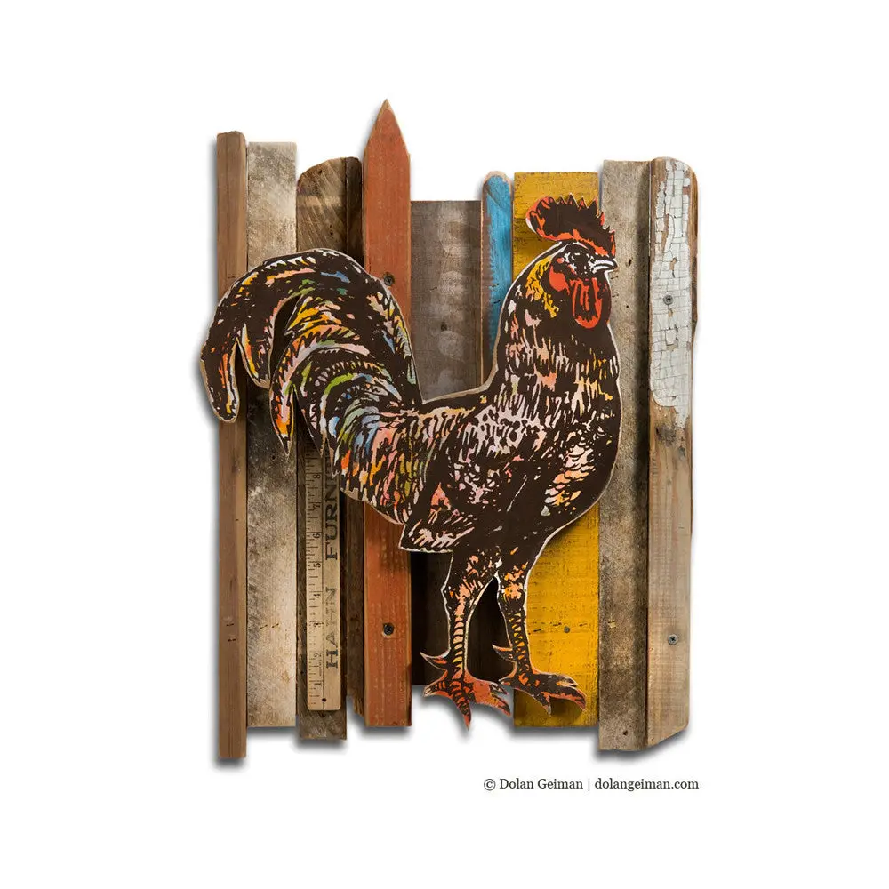 Rescued Wood Construction (Rooster) Original Mixed Media Wall Art 1