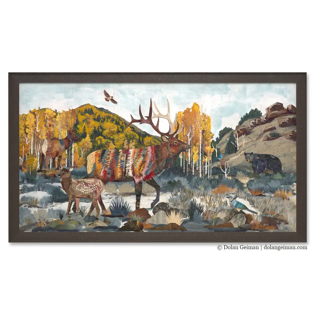 Custom Elk Family + Bear Original Paper Collage 1