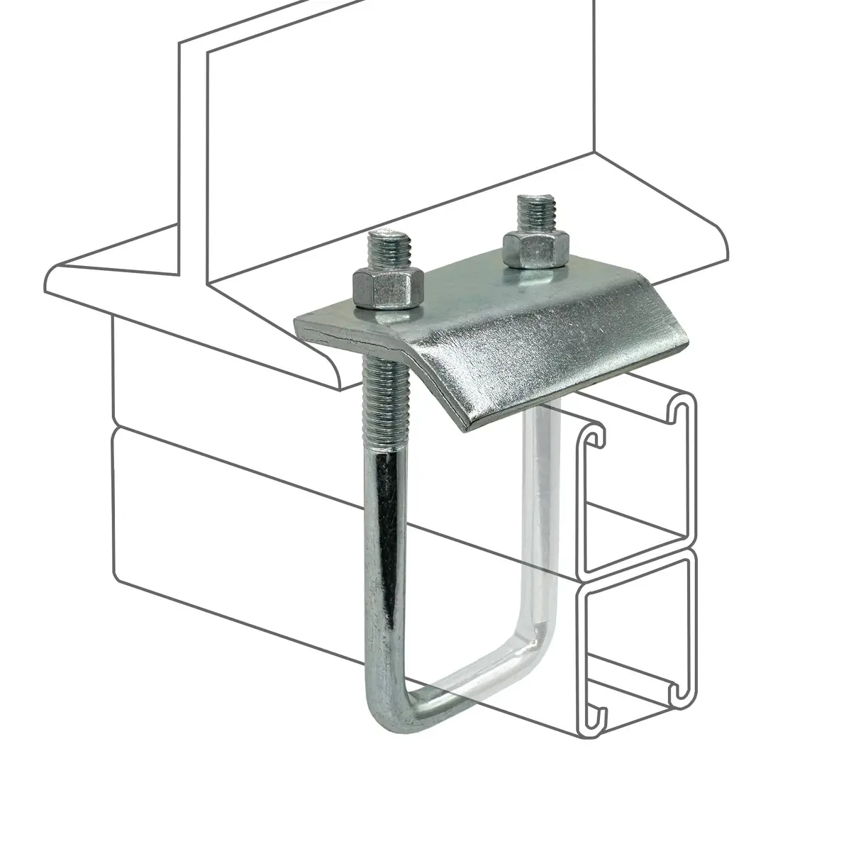 Strut To Beam Clamp With Square U-Bolt And Nuts, 2-7/16" - 3-1/4" Channel 1