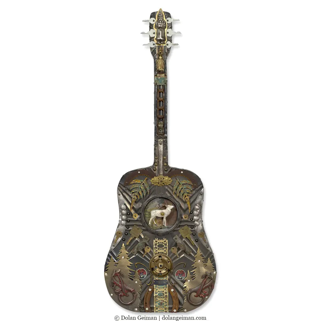 Songwriter Souvenir (Holiday Guitar) Original Mixed Media Wall Art 1