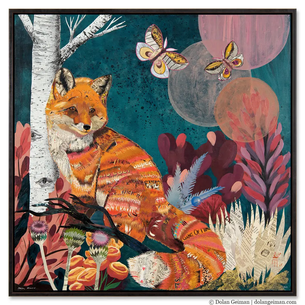 Turquoise Lake Fox Original Paper Collage 1