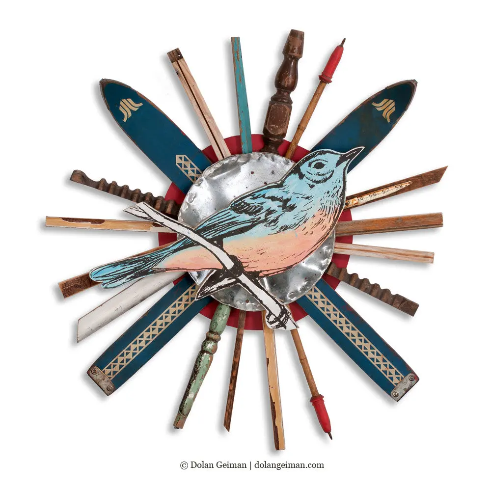 Rescued Wood Construction (Songbird, Vintage Skis) Original Mixed Media Wall Art 1