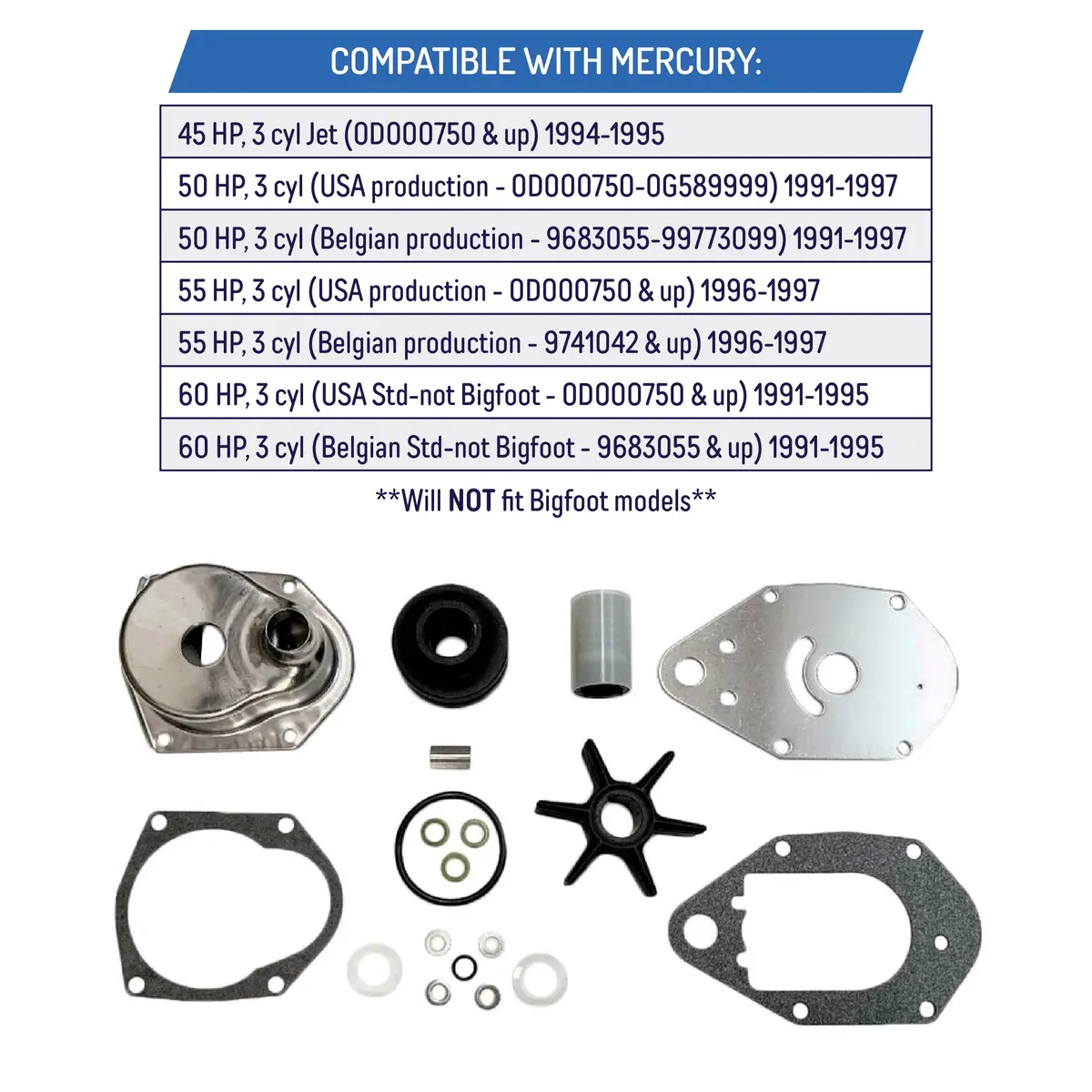 Water Pump Impeller Kit For Mercury 40 50 55 60 Hp - 46-812966A11, 46-812966A12 2