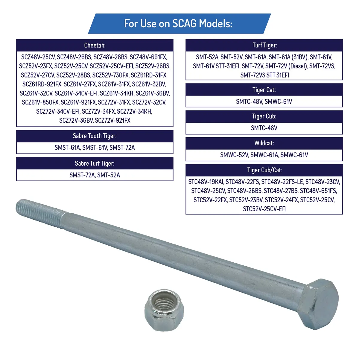 Wheel Axle Bolt Set 1/2"-13 X 9-1/2" For Scag Turf Tiger Cubs - 04001-167, 04021-07 2