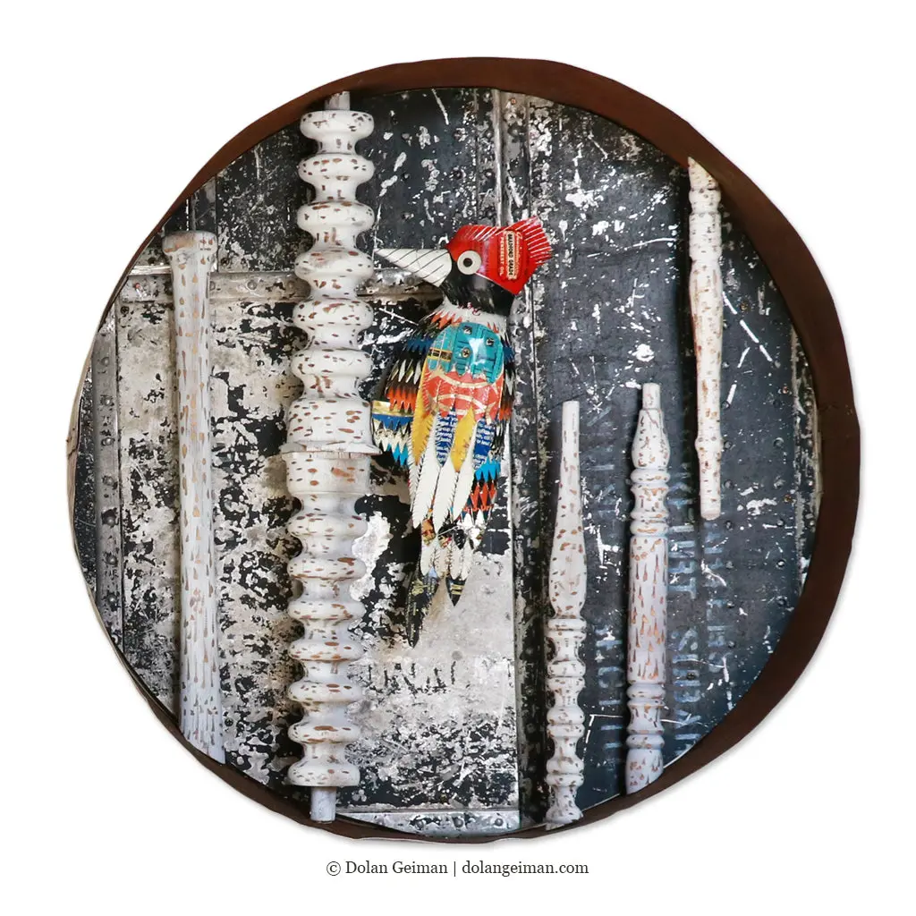 Woodpecker Diorama (Circular) Original Mixed Media Wall Sculpture 1