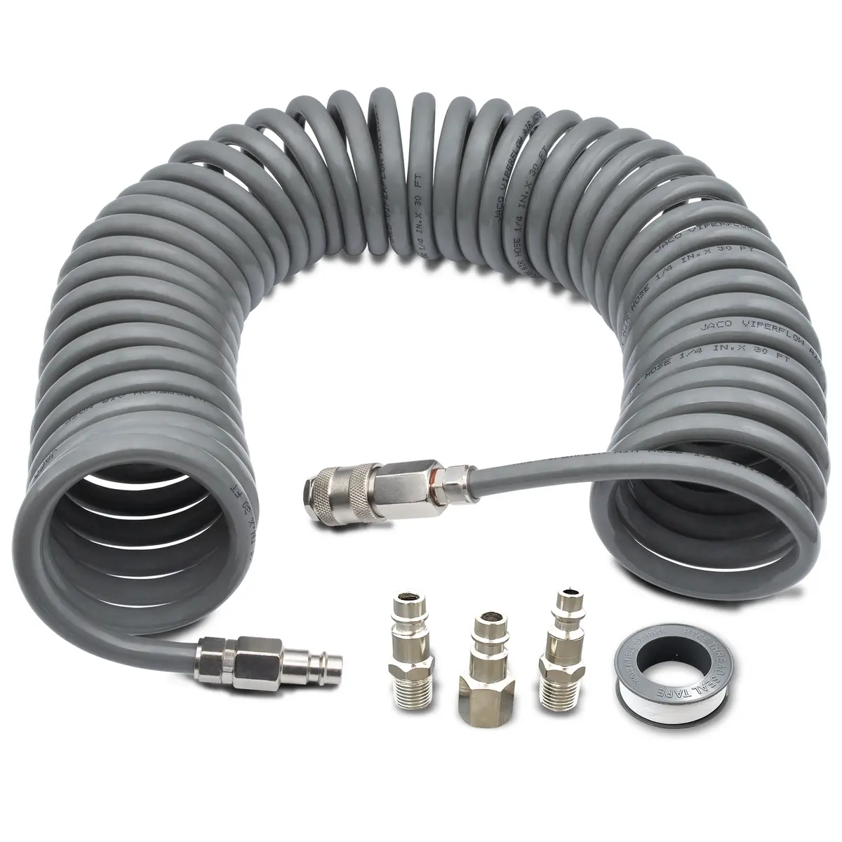 Polyurethane Coiled Air Hose Kit - 1/4" X 30 Ft | With Air Compressor Fittings 1