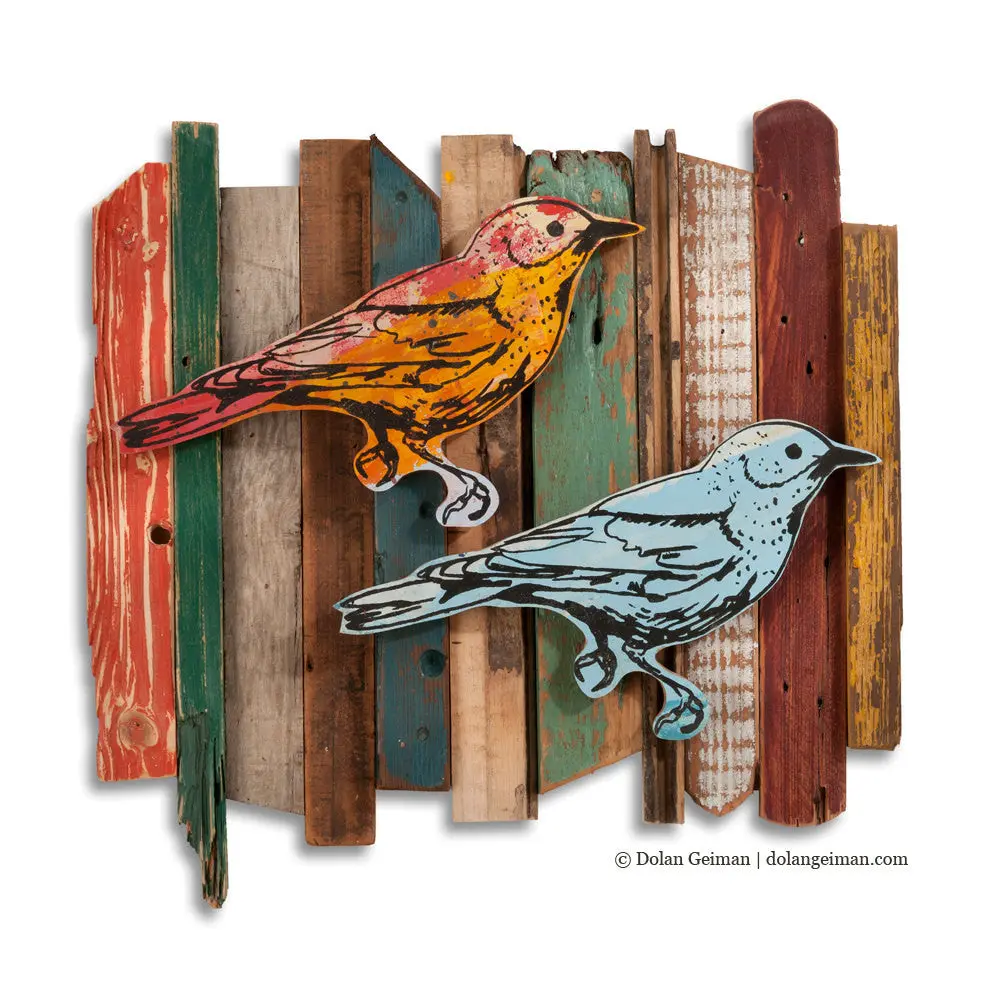 Rescued Wood Construction (Songbird, Fence Row) Original Mixed Media Wall Art 1